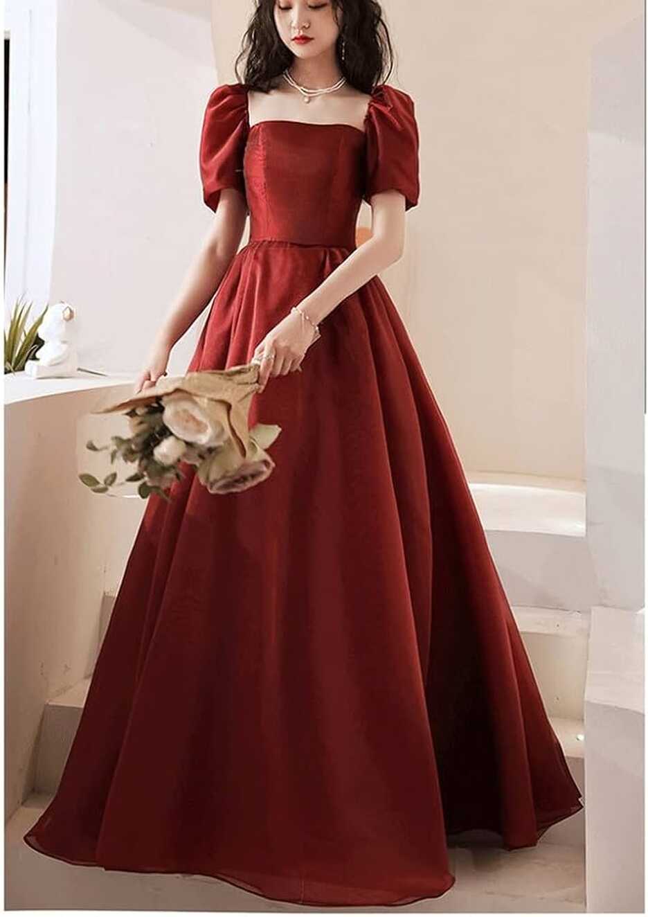 CZDYUF Simple Prom Dress Puff Sleeve Square Collar Long Party ...