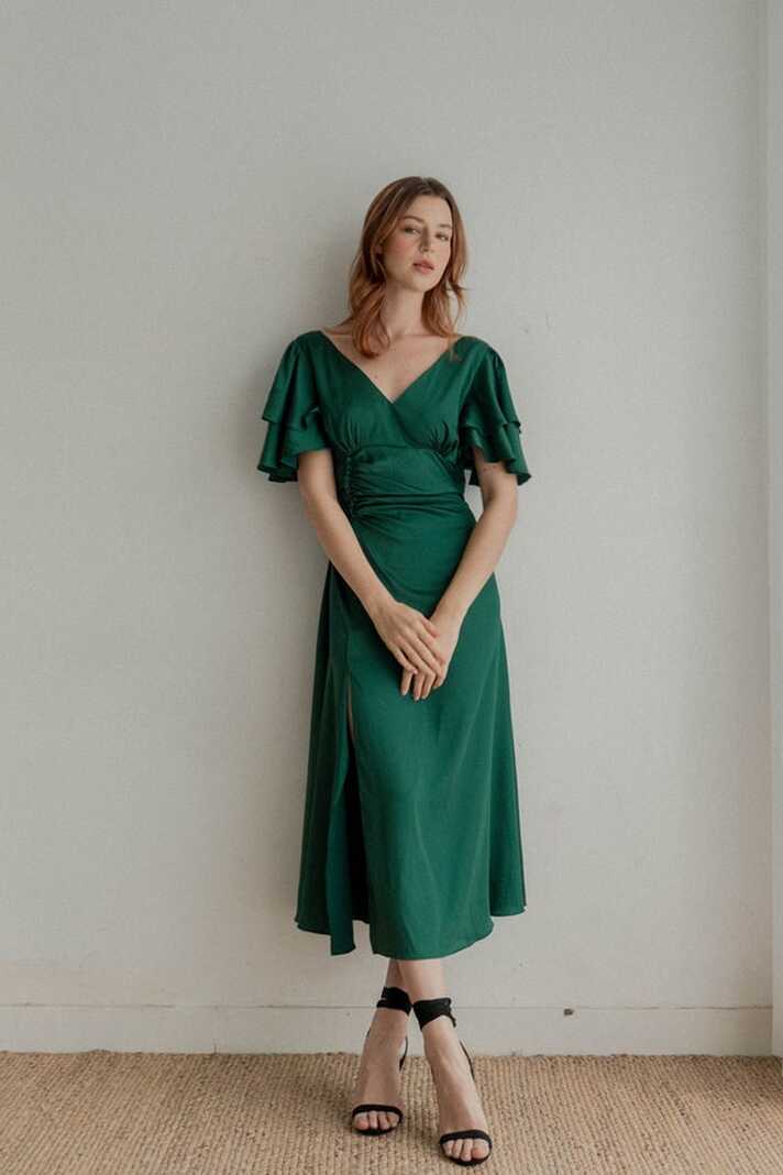 Caitlyn Emerald Green Satin Midi Dress / Flutter Sleeves Tea ...