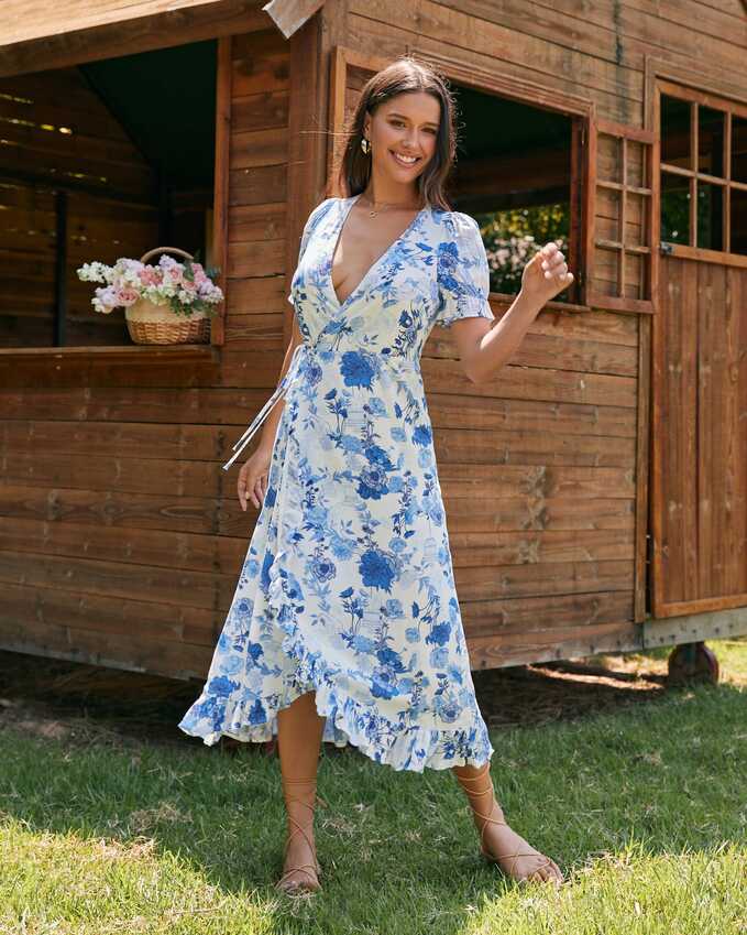 Camille Blue Floral Wrap Midi Dress