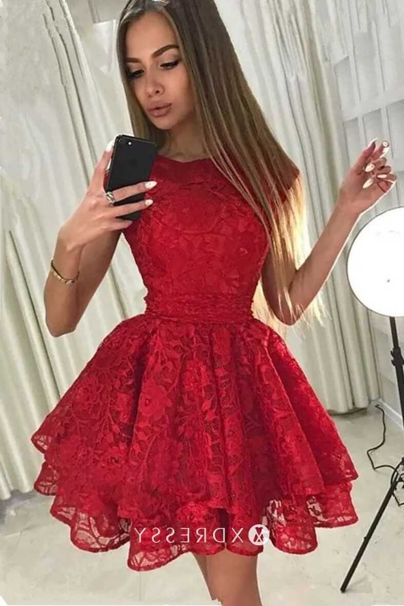 Cap Sleeve Red Lace Tiered Short Cocktail Dress - Xdressy