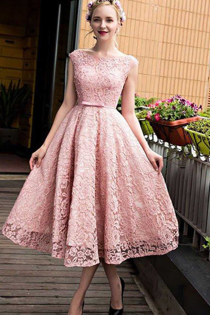 Cap Sleeves Pink Lace Tea Length Prom Dress Formal Evening Dress ...