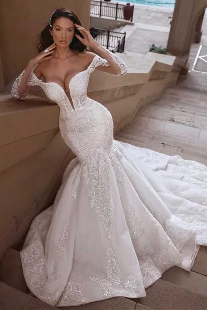 Cap sleeves Mermaid Long Train White Wedding Dresses Online ...