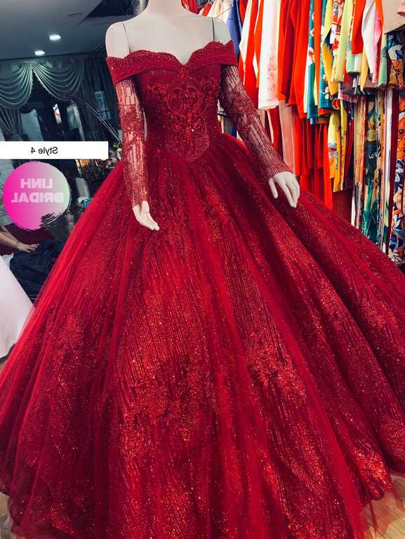 Captivating Red Long Sleeves Red Sparkle Ball Gown Wedding Dress ...