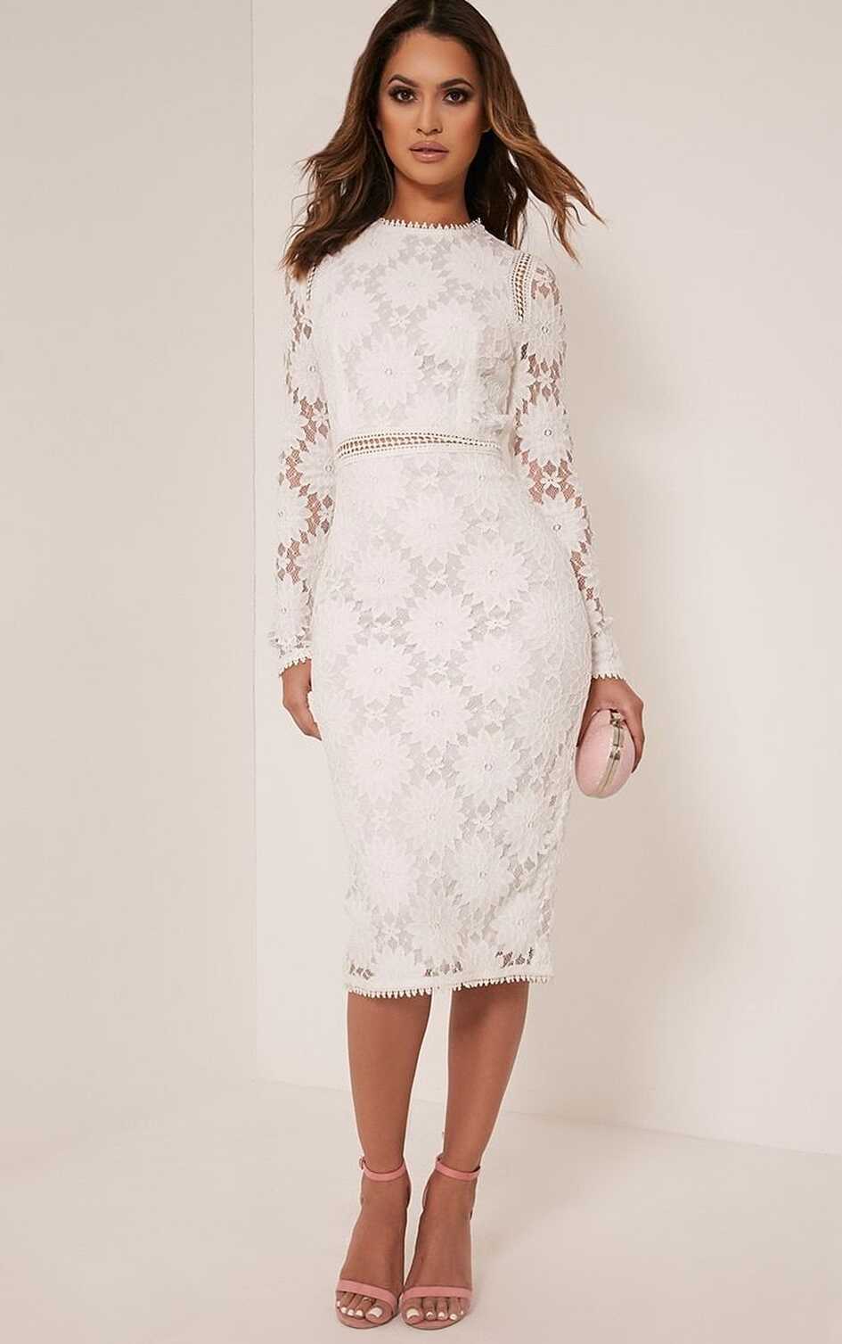 Caris White Long Sleeve Lace Bodycon Dress