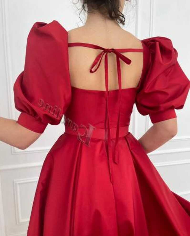 Caroline Elegant Red Short Evening Dress Puff Sleeves Front Slit ...