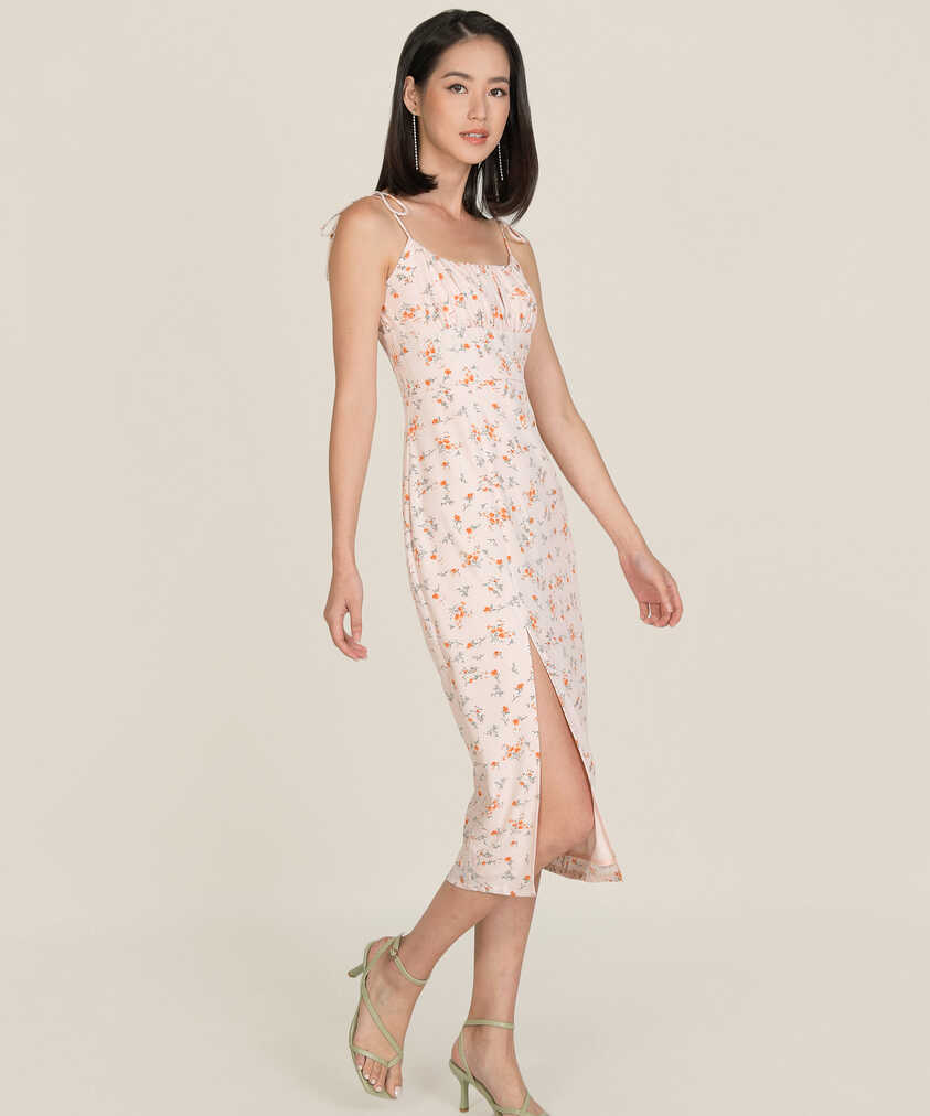 Cassina Floral Ruched Midi Dress - Pale Pink | hervelvetvase (hvv.)