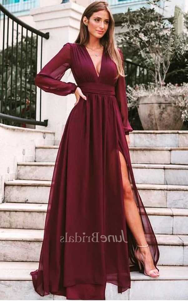 Casual A Line Chiffon V-neck Long Sleeve Evening Dress with Pleats ...