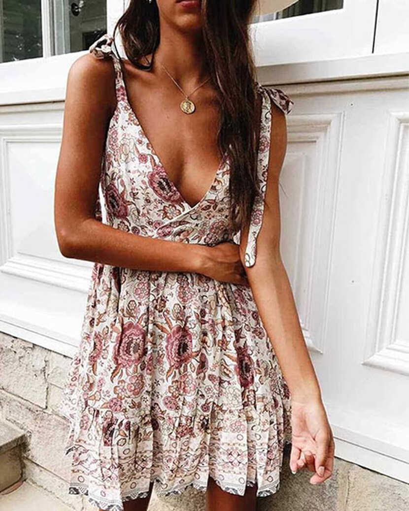 Casual Backless Spaghetti Strap Tied Summer Holiday Mini Dress