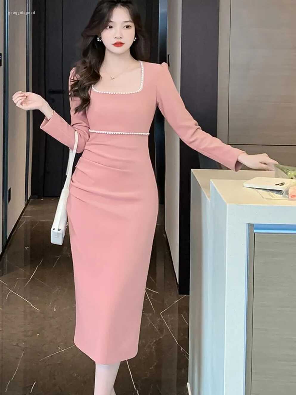 Casual Dresses Autumn Fashion Pink Beading Ruched Slim Party Dress ...