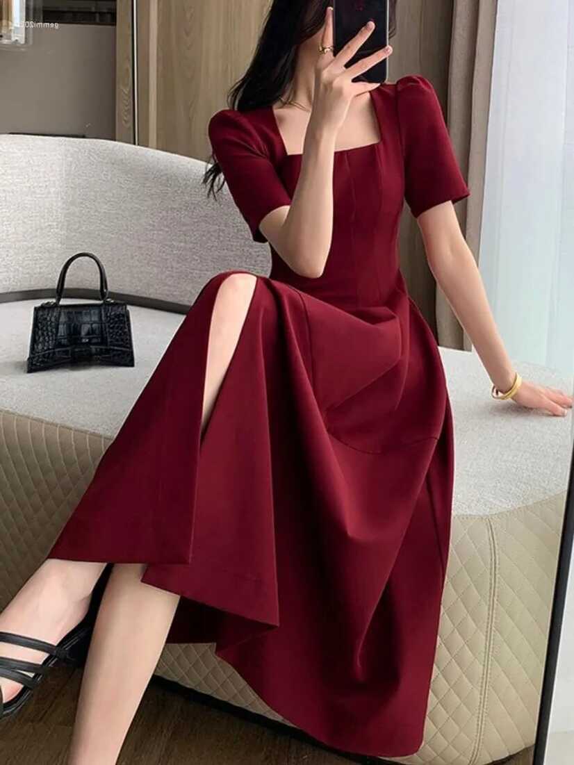 Casual Dresses Korean Fashion Women Summer Elegant Red Dress ...