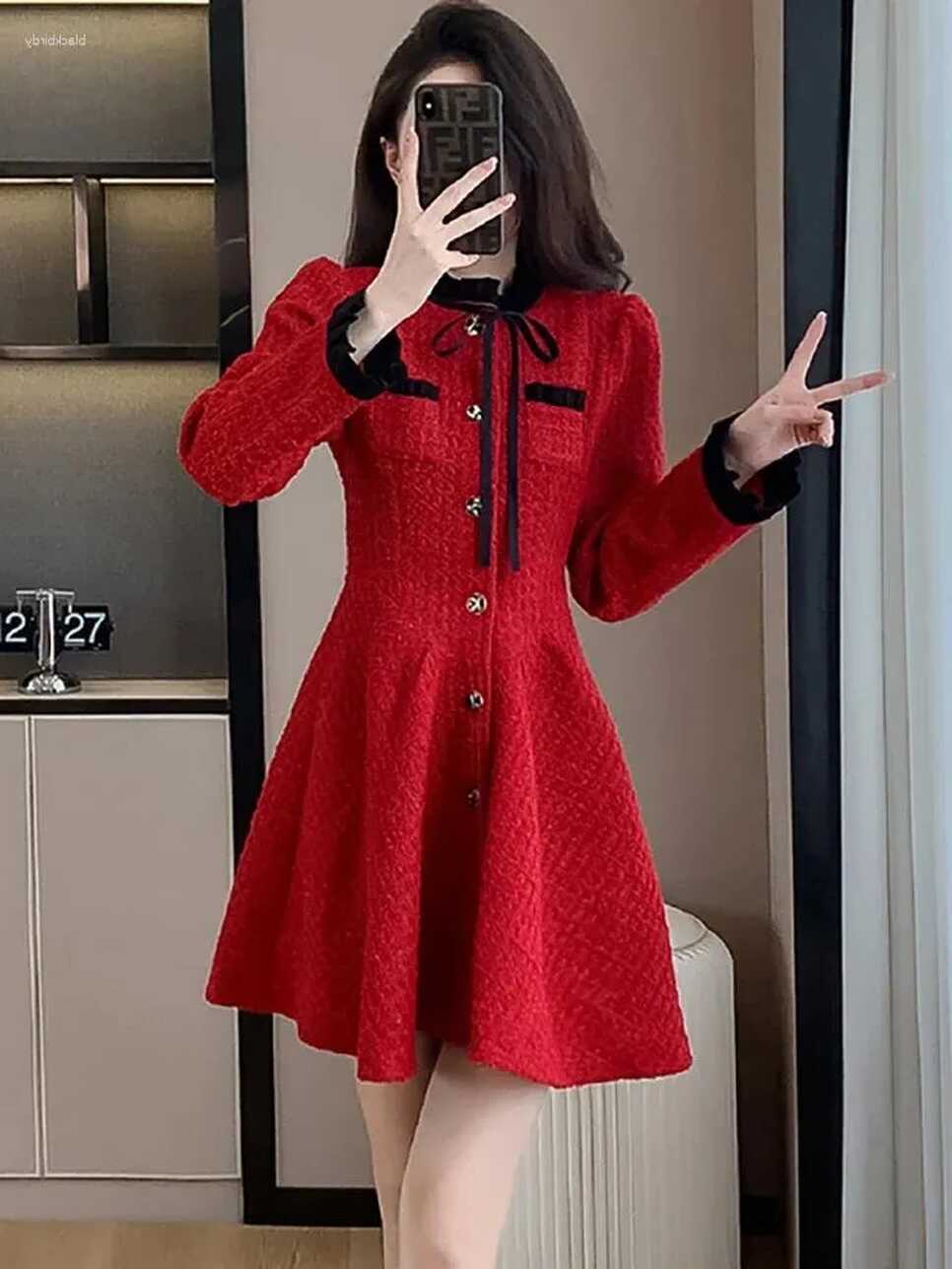 Casual Dresses Red Elegant Bow Ruffled Collar Mini A Line Dress ...