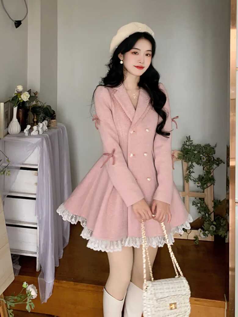 Casual Dresses Warm Winter Pink Sweet Elegant Women Lace Korean ...