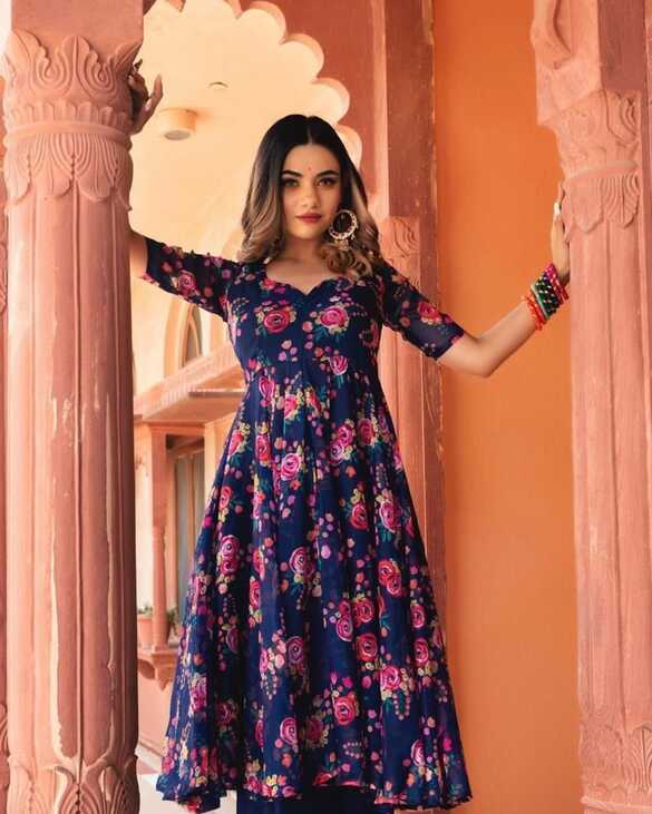 Casual Floral Printed Gown with Dupatta - Evilato