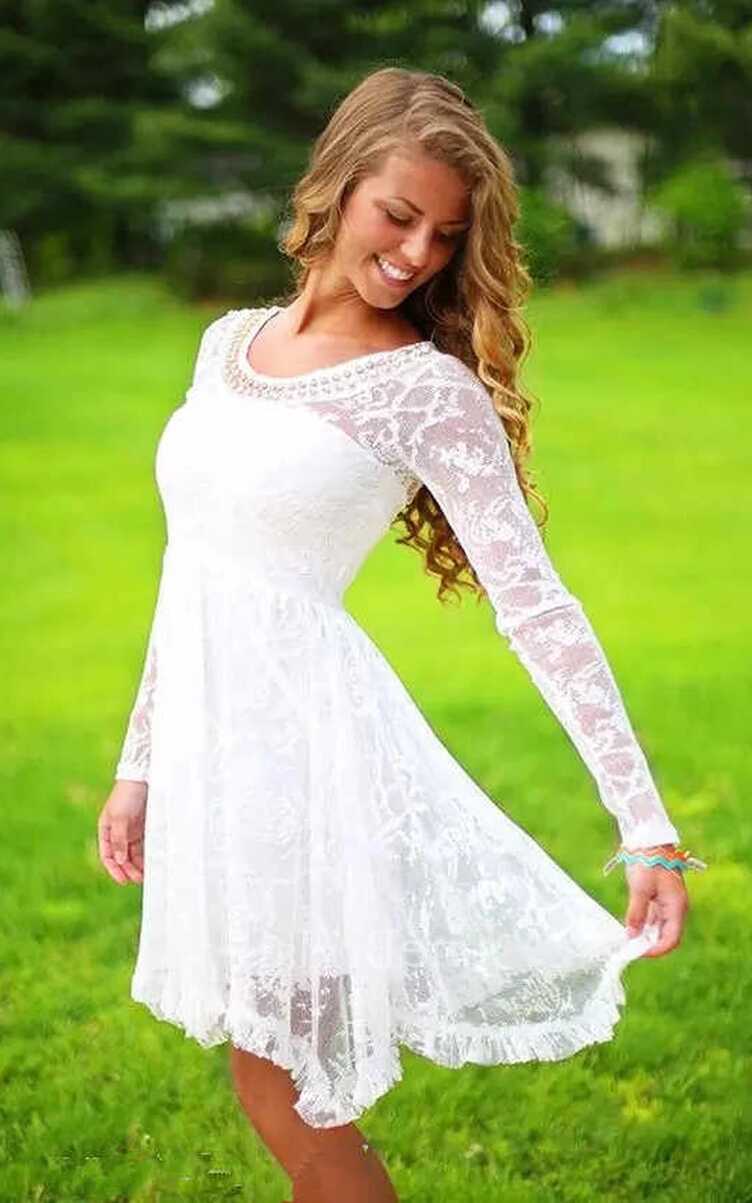 Casual Lace Beach Long Sleeve Knee-Length Mini Wedding Dress with ...