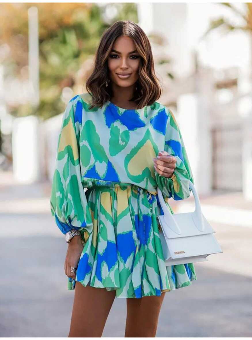 Casual Long Sleeve Tunic Mini Dress Floral Print O Neck Green Boho