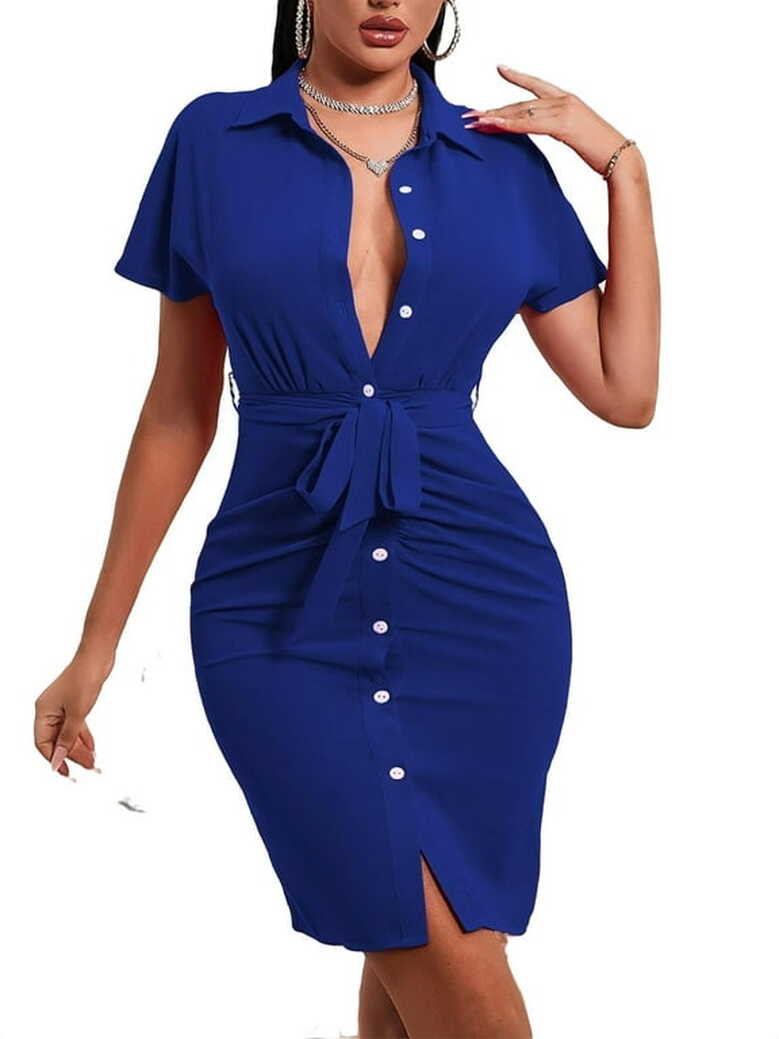 Casual Plain Collar Shirt Short Sleeve Royal Blue Women Dresses ...