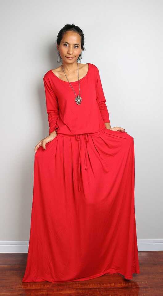 Casual Red Dress With Long Sleeves and Pockets, Women&#39;s Maxi Dress ...