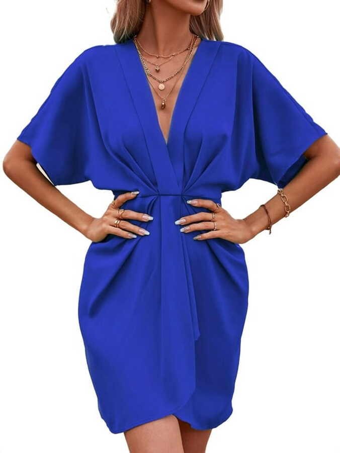 Casual Solid Deep V Neck Fitted Short Sleeve Royal Blue Women ...