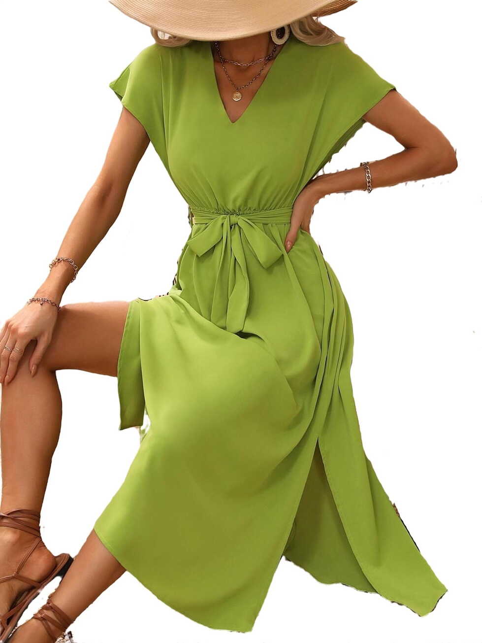 Casual V neck A Line Short Sleeve Lime Green Womens Dresses ...