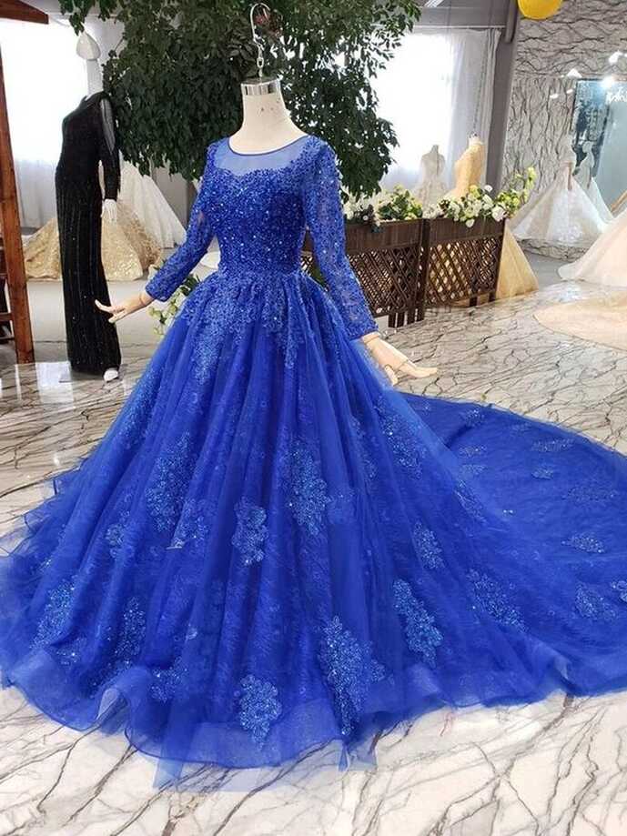 Cathedral Train Royal Blue Princess Ball Gown with Sleeves