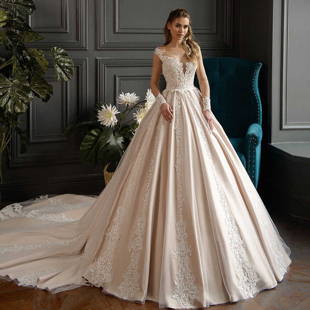 Champagne Appliques Satin Ball Wedding Dress Cathedral Train ...