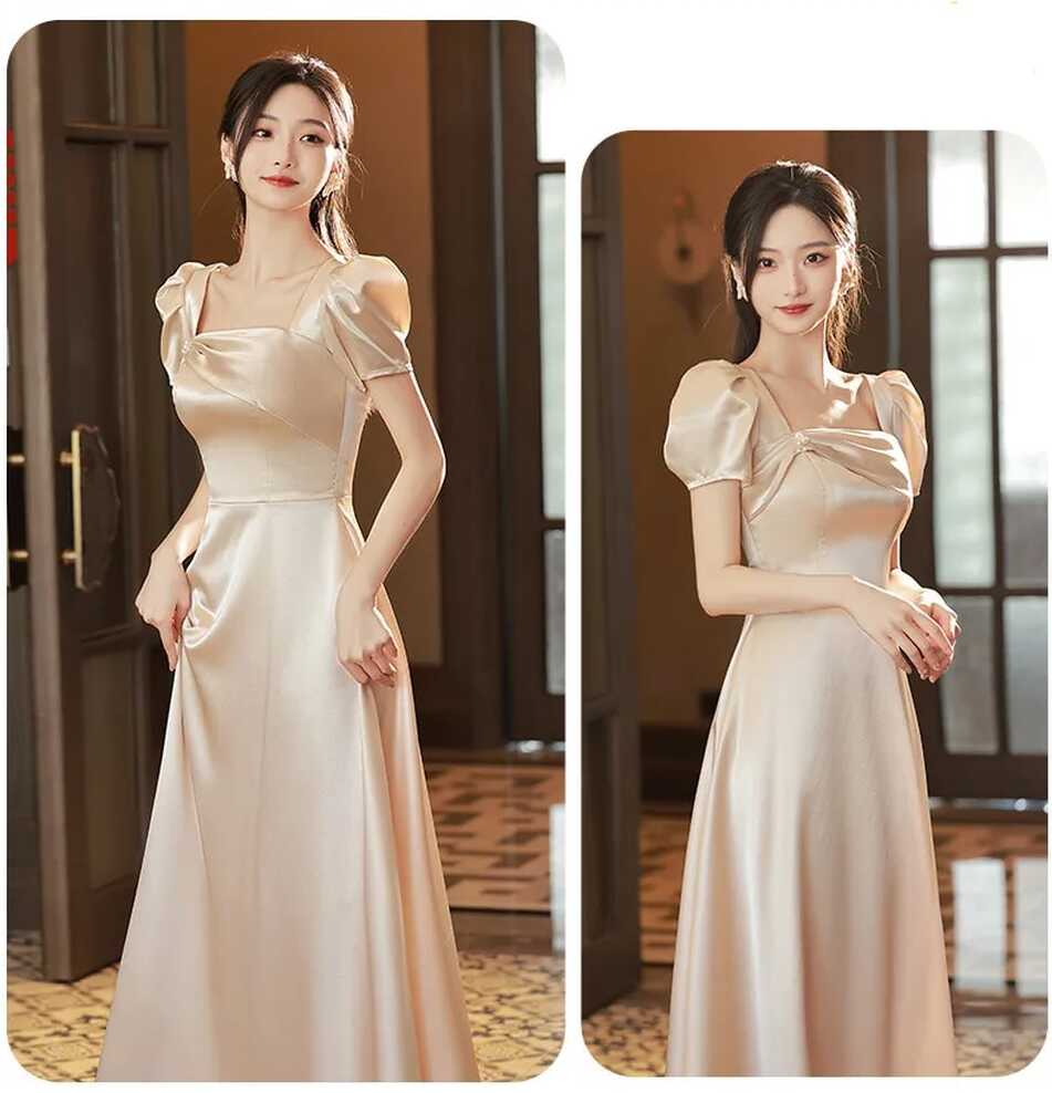 Champagne Bridesmaid Dress Luxurious Satin V Neck Puff Sleeves ...