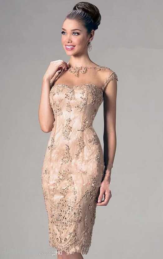 Champagne Cocktail Dresses Sheath Cap Sleeves Knee Length Beaded ...