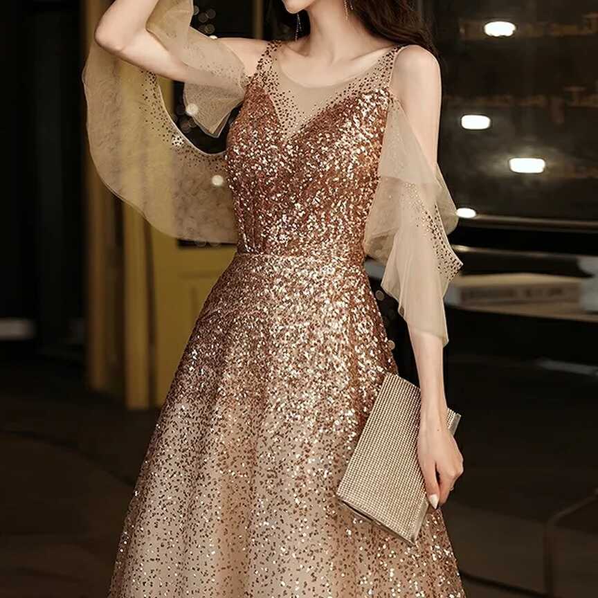 Champagne Gold Beaded Champagne Sequin Bridesmaid Dresses With Cap ...