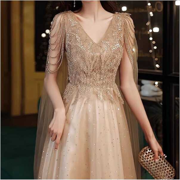 Champagne Gold Evening Dresses With Cape A Line Sexy V-neck A-line ...