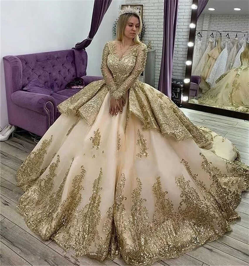 Champagne Gold Princess Wedding Dresses 2022 Cathedral Train Lace ...