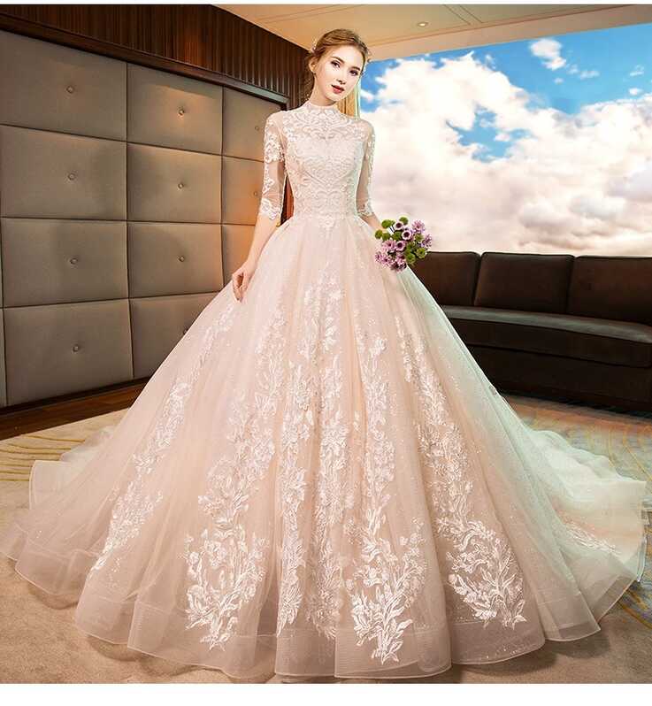 Champagne Lace Long Sleeve Wedding Dinner Gown [PD1082] – Vee&#39;s Co.