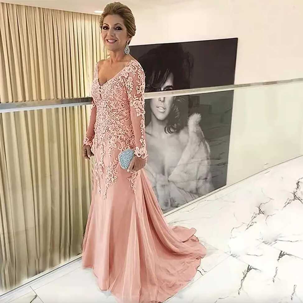 Champagne Lace Mother Gown For Wedding Elegant V Neck Full Sleeve ...