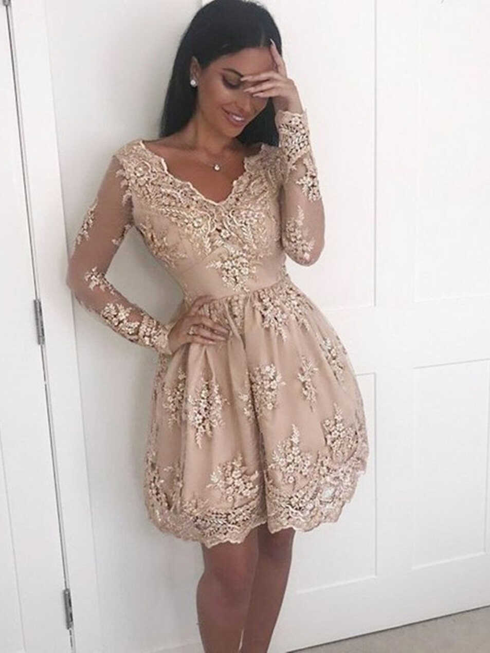 Champagne Long Sleeves Lace Short Prom Dresses, Long Sleeves ...