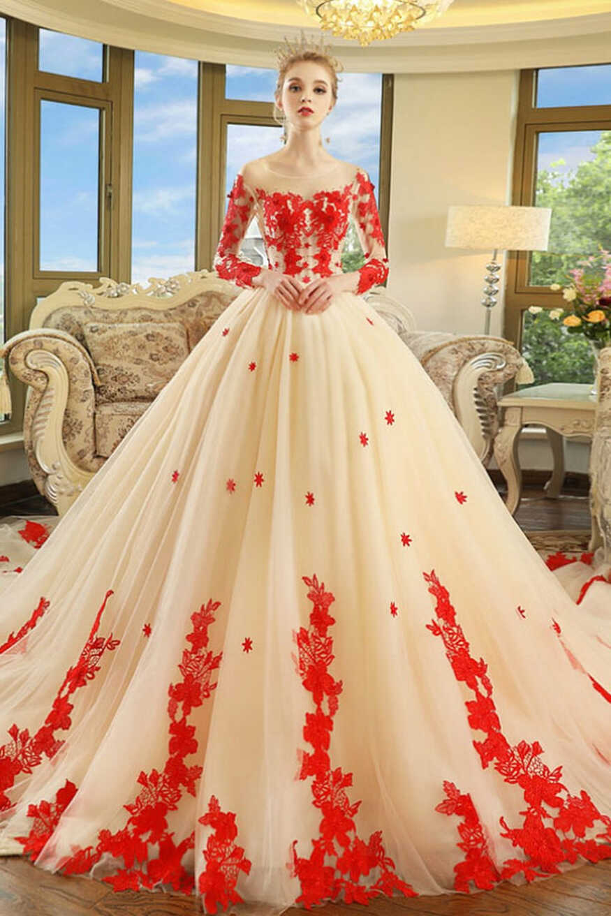 Champagne Long-sleeves Red Appliques Wedding Dresses with Royal ...