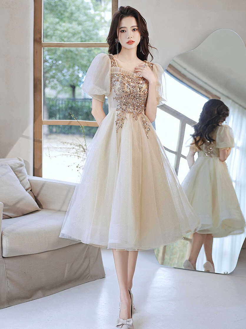 Champagne tulle sequin short prom dress, champagne homecoming ...