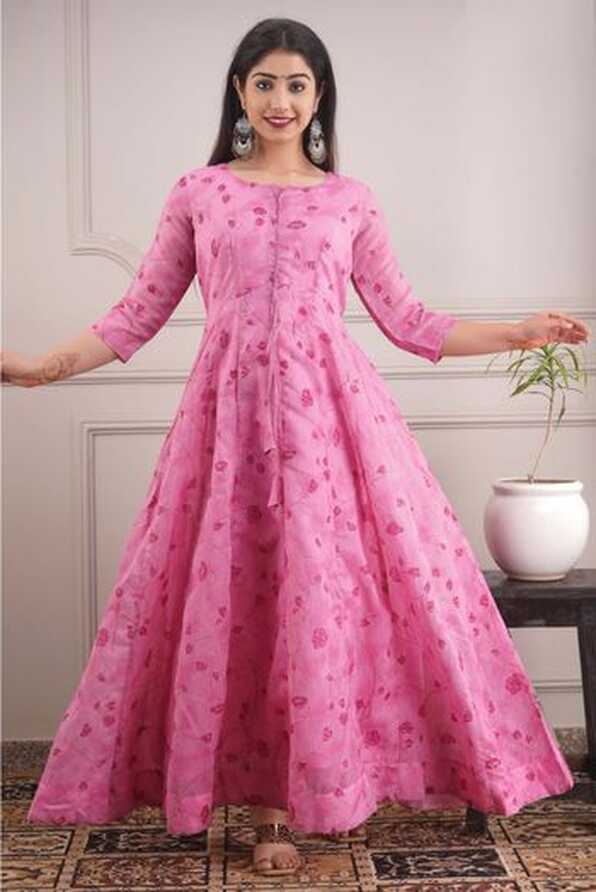 Chanderi Party Wear Gown In Pink Colour