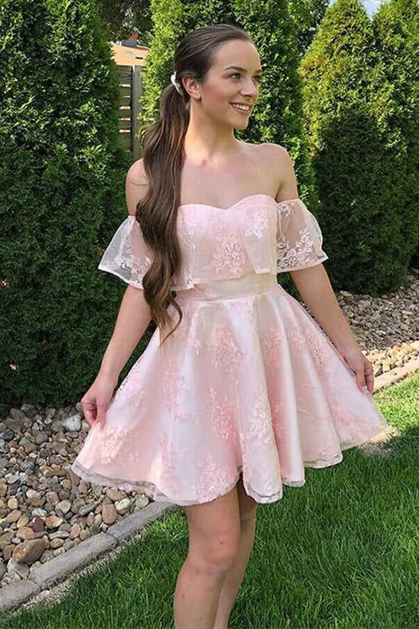 Charming A-line Off Shoulder Lace Homecoming Dress, Short Party ...