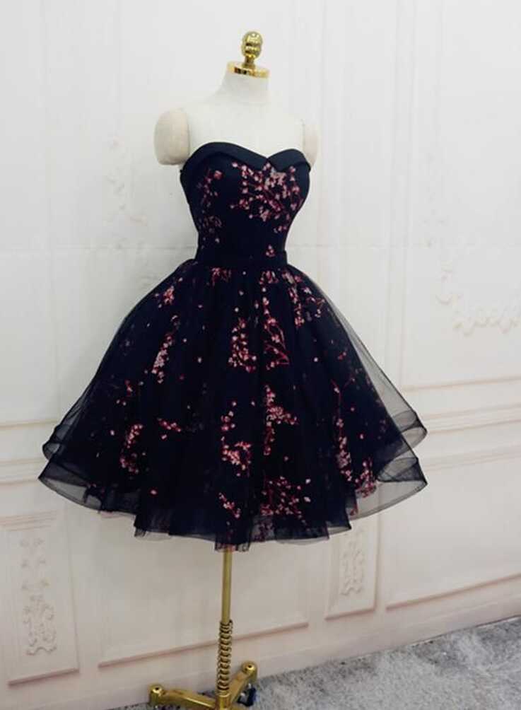 Charming Black Cute Floral Formal Dresses, Black Party Dress ...