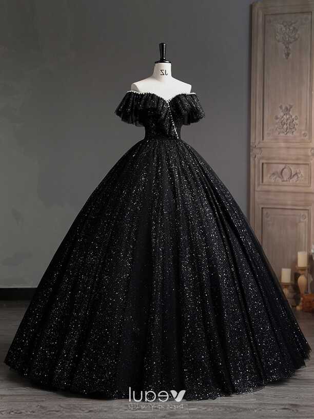 Charming Black Pearl Sequins Prom Dresses 2023 Ball Gown Off-The ...