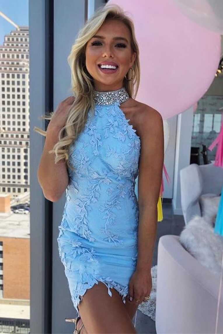 Charming Blue Lace Homecoming Dresses, Tight Short Party Dresses ...