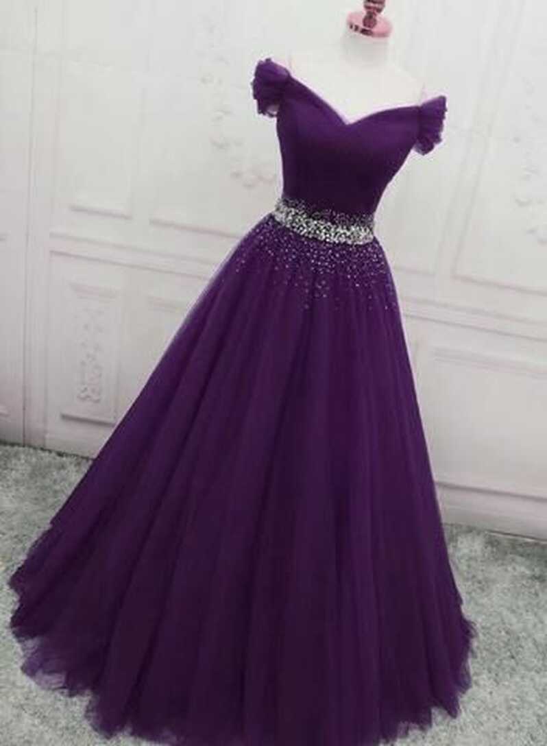 Charming Dark Purple Tulle Long Off the Shoulder Party Dress, Long Pro