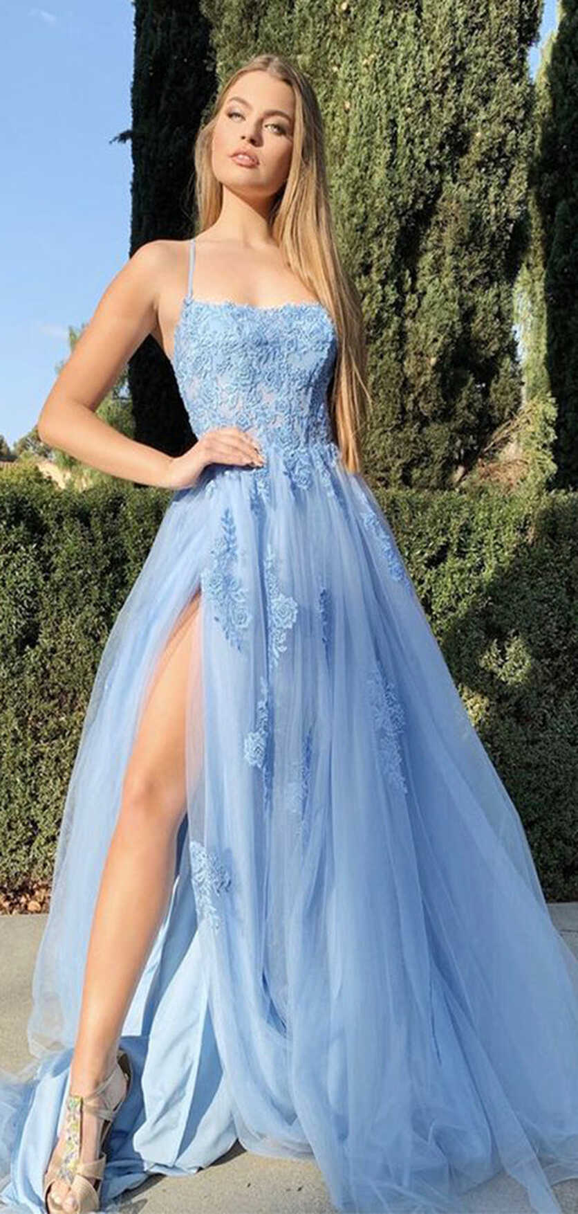 Charming Light Blue Lace Long Prom Dresses with Slit, Formal ...