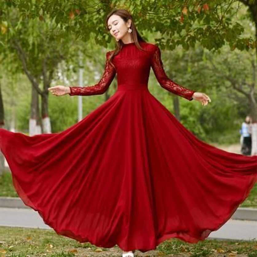 Charming Long Lace Sleeves Pleated Chiffon Long Red Maxi Dress ...