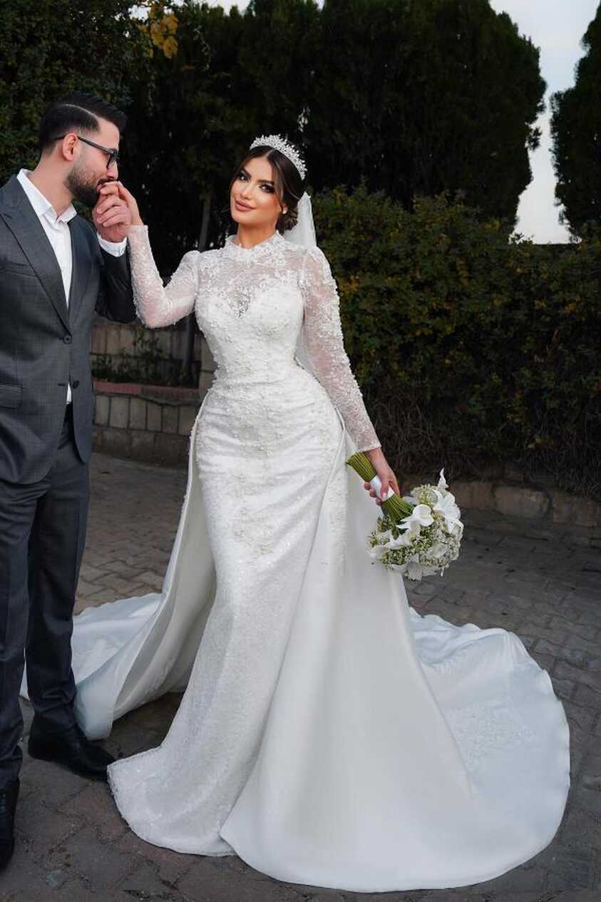 Charming Long Sleeves Mermaid High Neck Satin Lace Wedding Dress ...