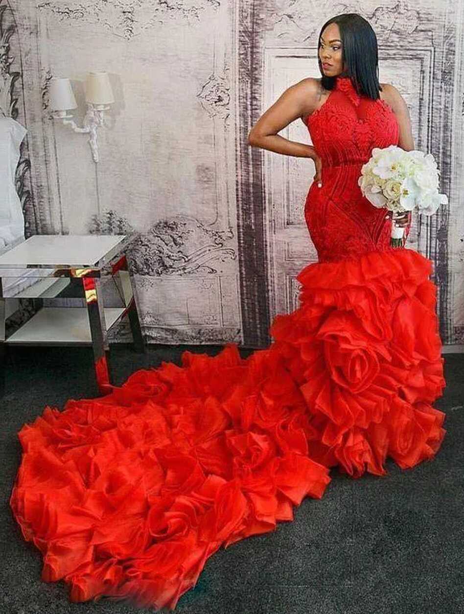 Charming Red Lace Mermaid Wedding Dresses Plus Size Ruffled Halter ...