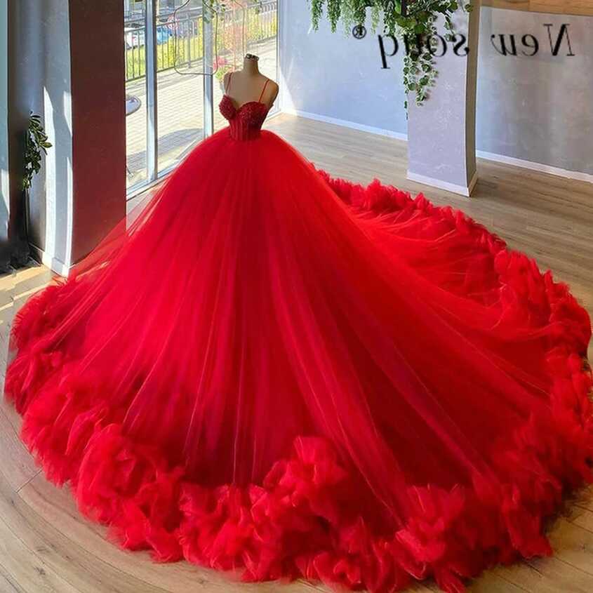 Charming Red Ruffles Ball Gown Evening Dresses with Big Train ...