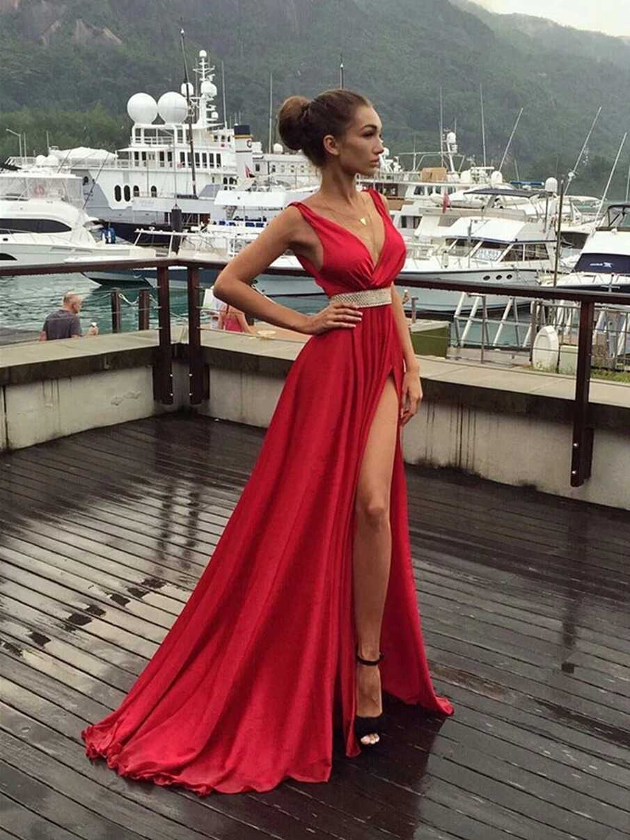 Charming V Neck Deep Red Prom Dresses With High Slit, Charming V ...