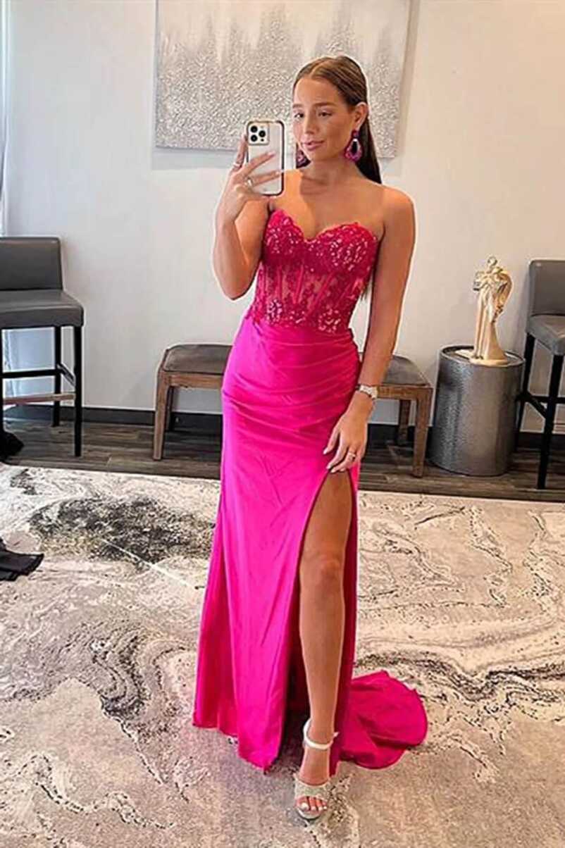 Cheap 2024 Hot Pink Lace Prom Dresses Strapless Sleeveless Formal ...