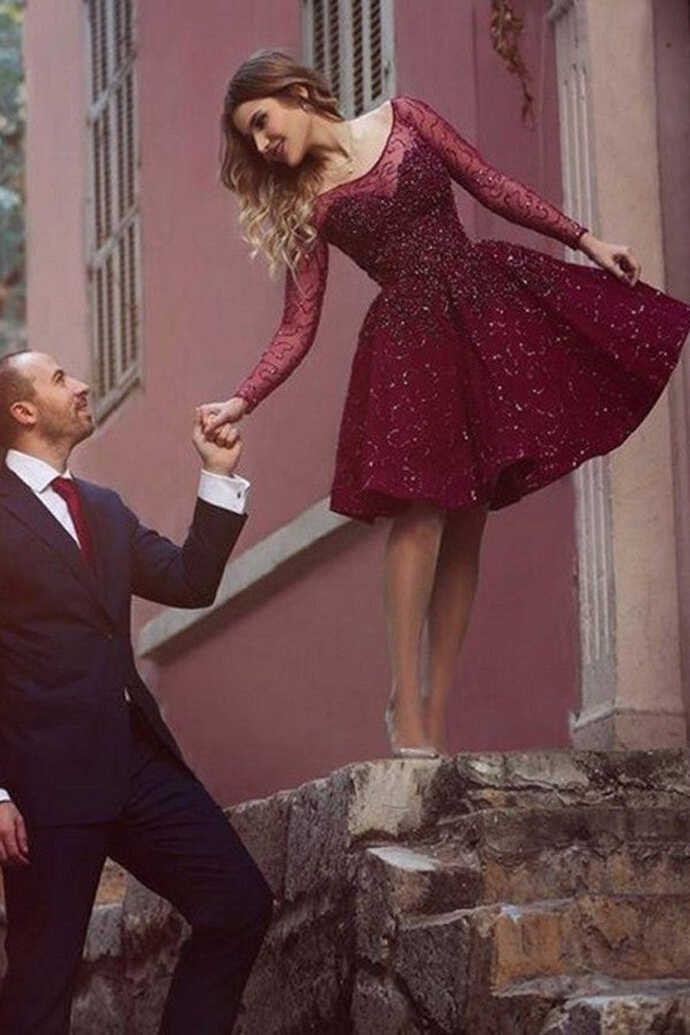 Cheap Burgundy Beaded Homecoming Dress, Long Sleeves Short Prom ...