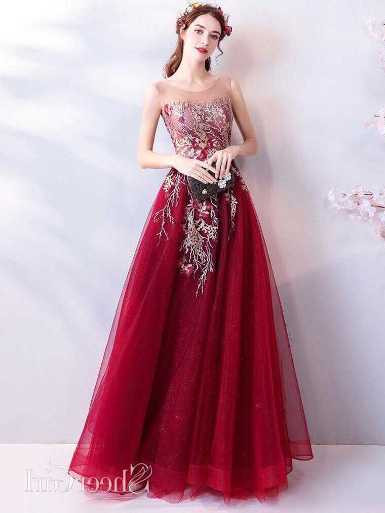 Cheap Burgundy Long Prom Dresses Lace Applique Military Ball Gown ...